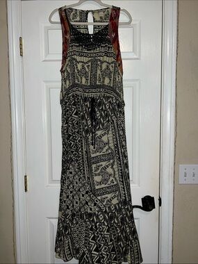 Lucky Brand-Black and Cream Printed Maxi Dress with Beaded Accent